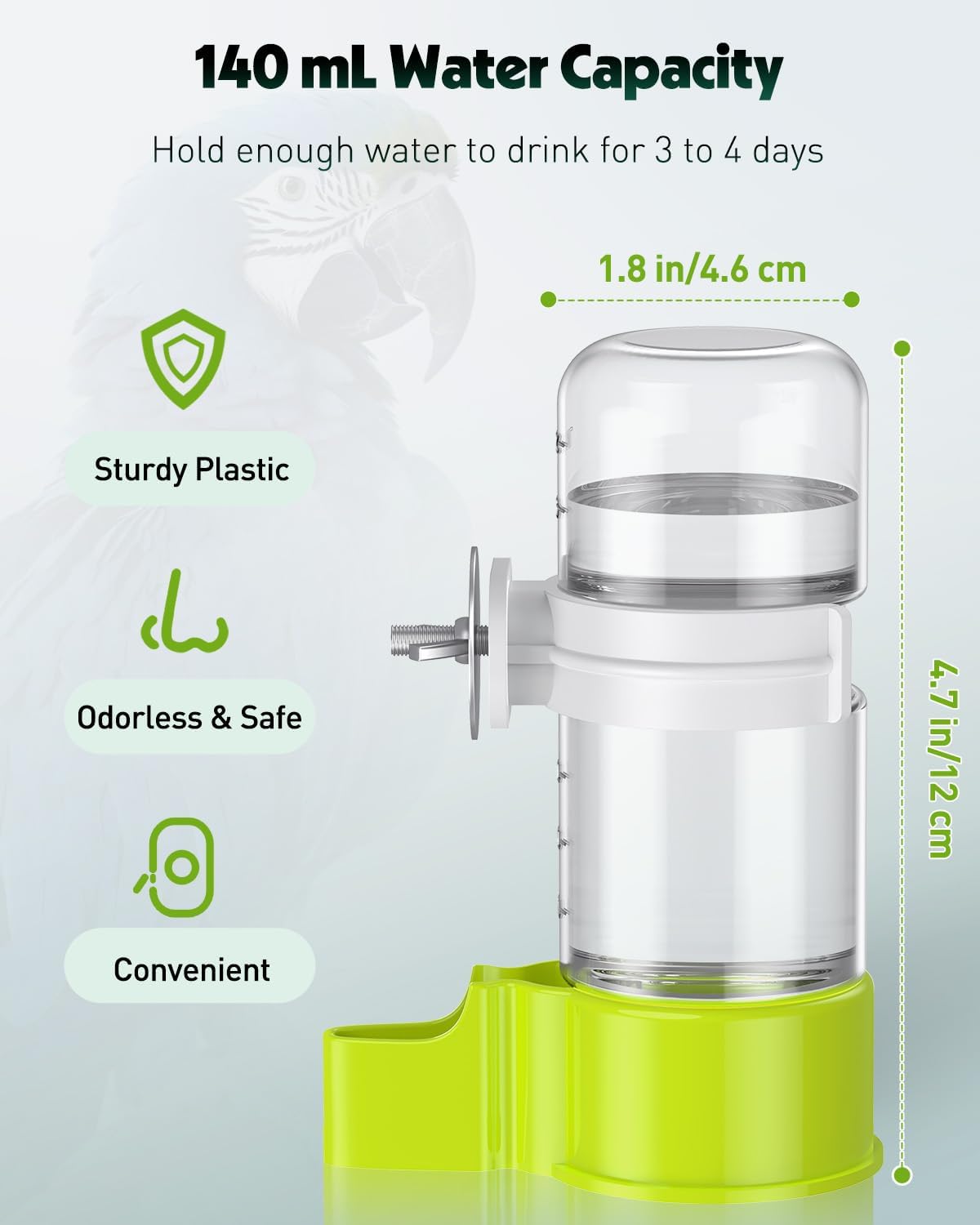 Pawfly 2 Pcs Bird Water Dispenser, Automatic Bird Water Feeder, Plastic Bird Cage Water Dispenser, Green Parrot Waterer for Parakeet Cockatiel Budgie Lovebirds (Not Fit for Food Feeding)