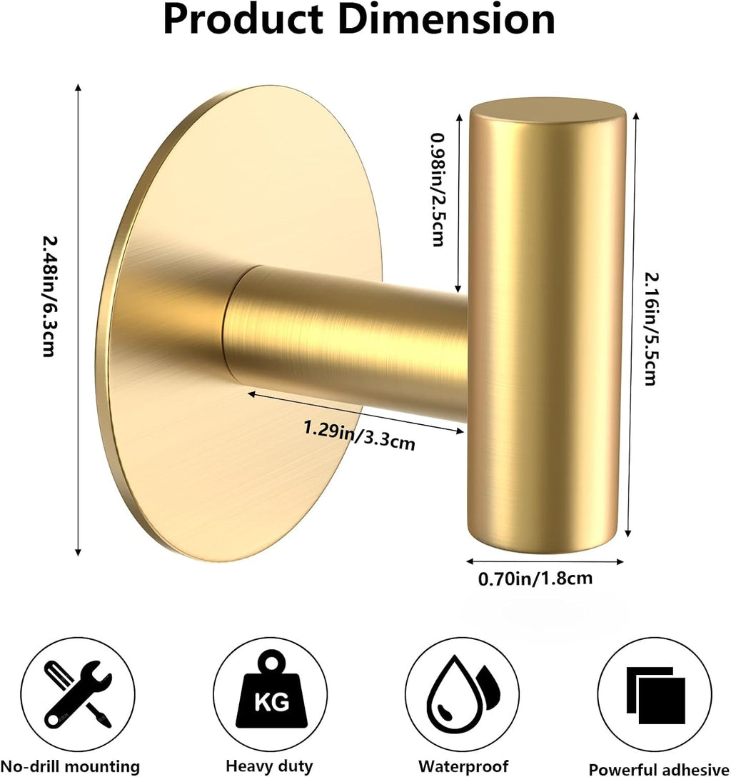 Gold Stainless Steel Wall Hooks, Heavy Duty Self-Adhesive Hooks for Coats, Towels, Robes, Hats, Aprons – No Drill Bathroom, Kitchen, Hotel (4 Pack)