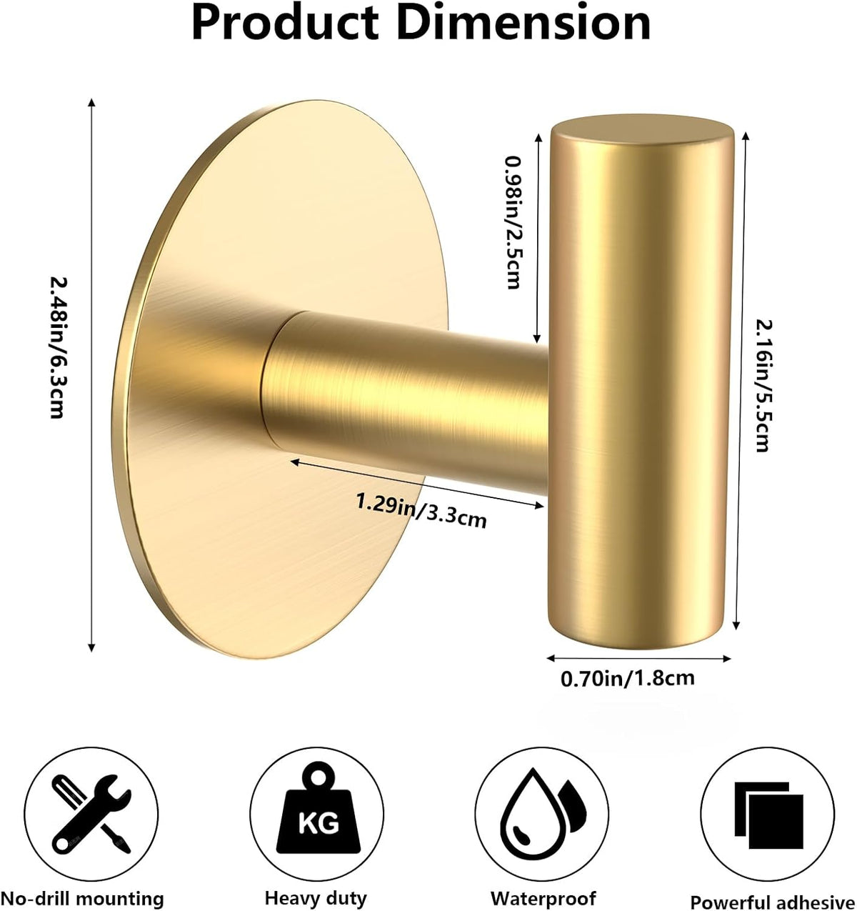 Gold Stainless Steel Wall Hooks, Heavy Duty Self-Adhesive Hooks for Coats, Towels, Robes, Hats, Aprons – No Drill Bathroom, Kitchen, Hotel (4 Pack)