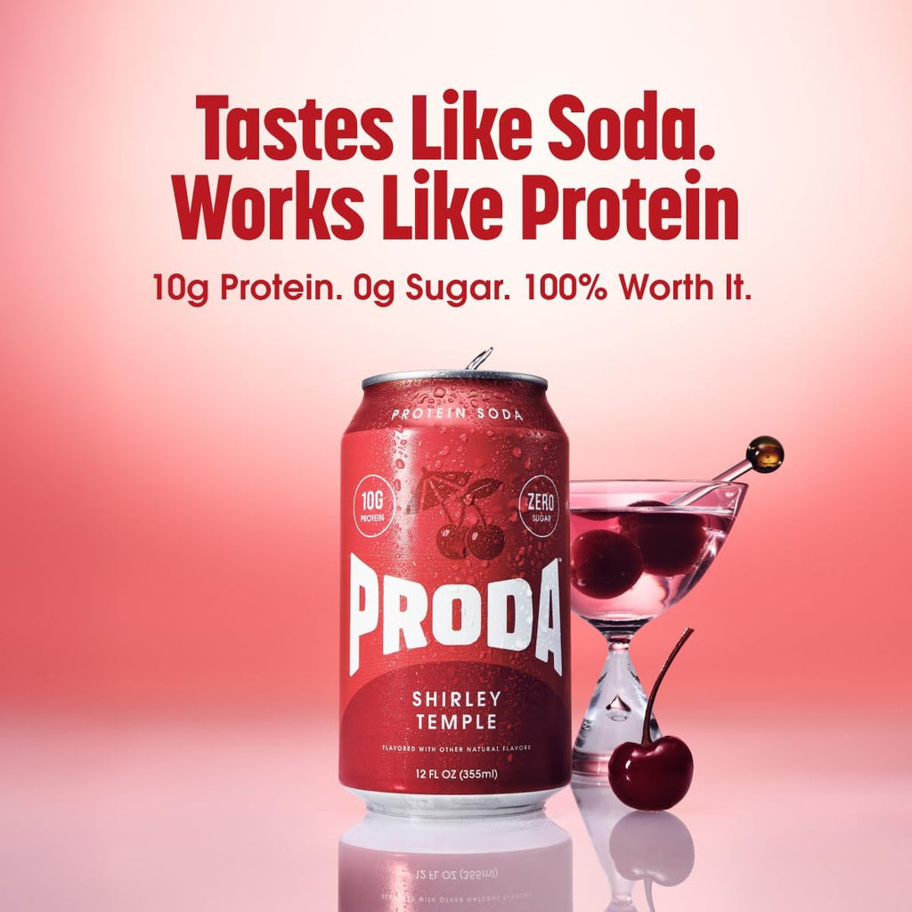 Proda Protein Soda, 10g Whey Protein, Zero Sugar, Shirley Temple, 12-Pack