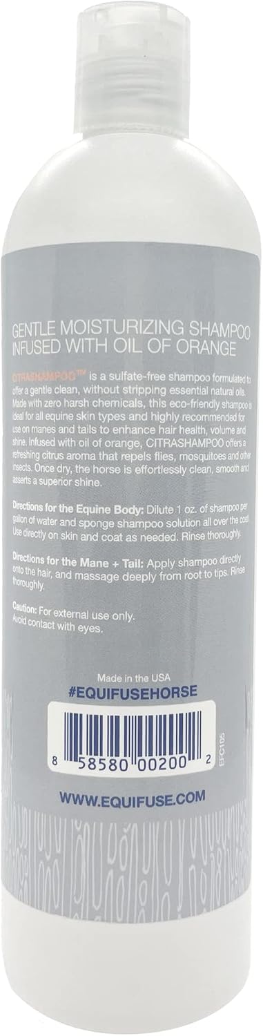 EquiFuse CitraShampoo Sulfate Free, Plant Based Foaming Horse Shampoo, Promotes Gentle Clean and Hair Health that Fights Dryness, and Dandruff | with Coconut Oil and Refreshing Citrus Scent, 16oz