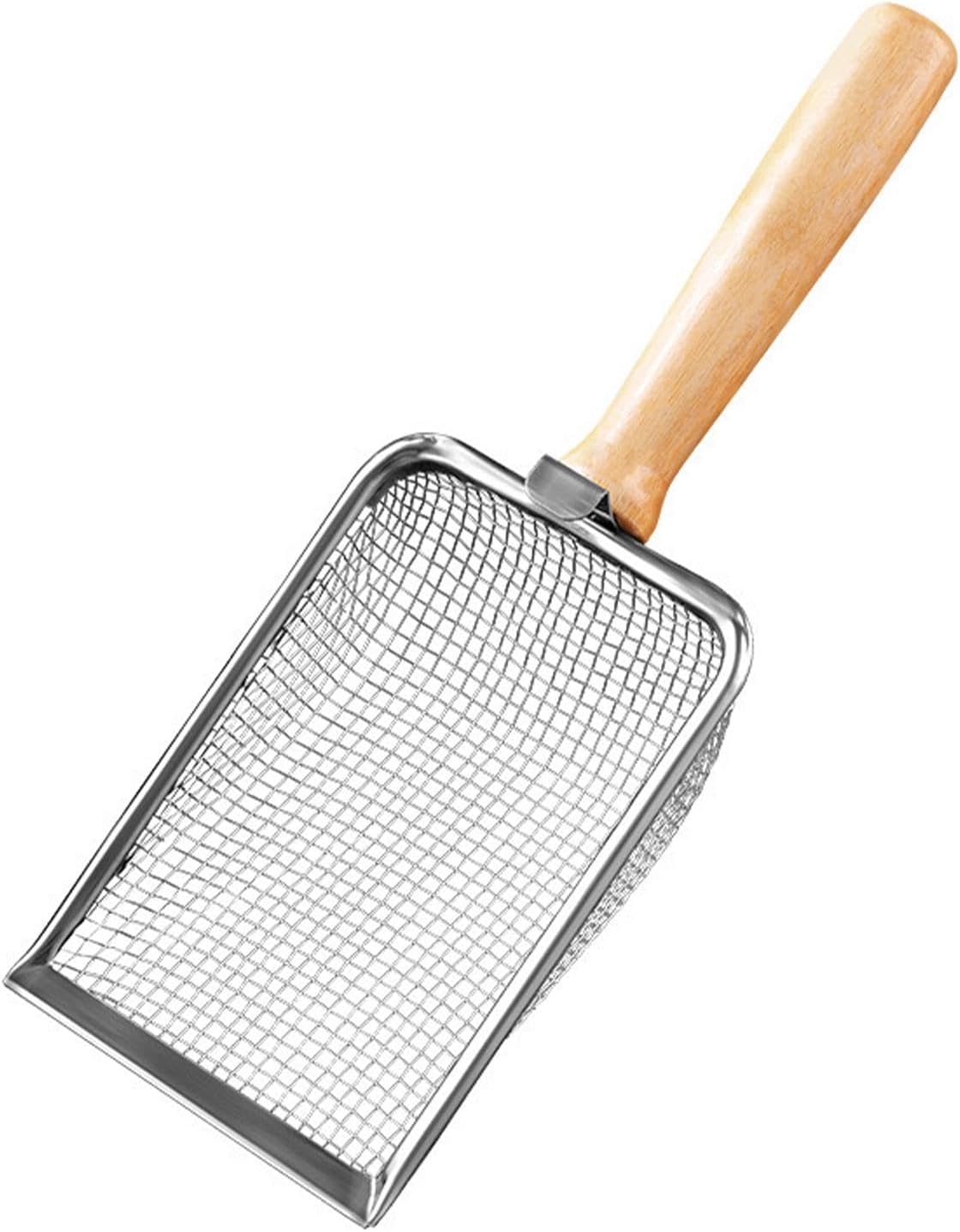 Cat Litter Scoop, Long Handle Scooper Beach Mesh Shovel,Practical Beach Deep Shovel, Stainless Steel Mesh Scooper,Heavy Duty Litter Scooper, Kitten Poop Sifting Cleaning Scoop(COLOR:Wood Handle)