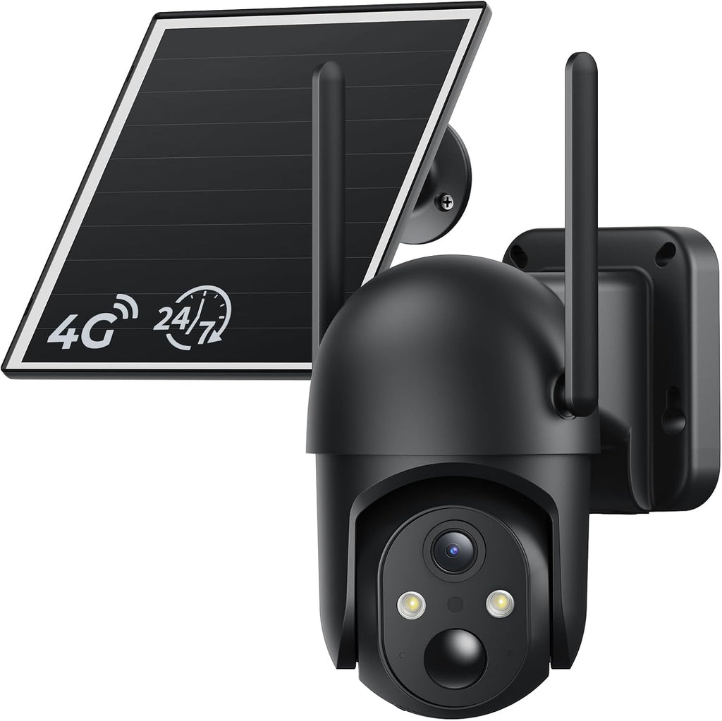 4G LTE Cellular Security Cameras, 24/7 Recording, Solar Powered Outdoor Cam No WiFi Needed for Farm&Ranch, 2K Night Vision, Built in eSIM Card(Support Verizon/AT&T/T-Mobile) - Black
