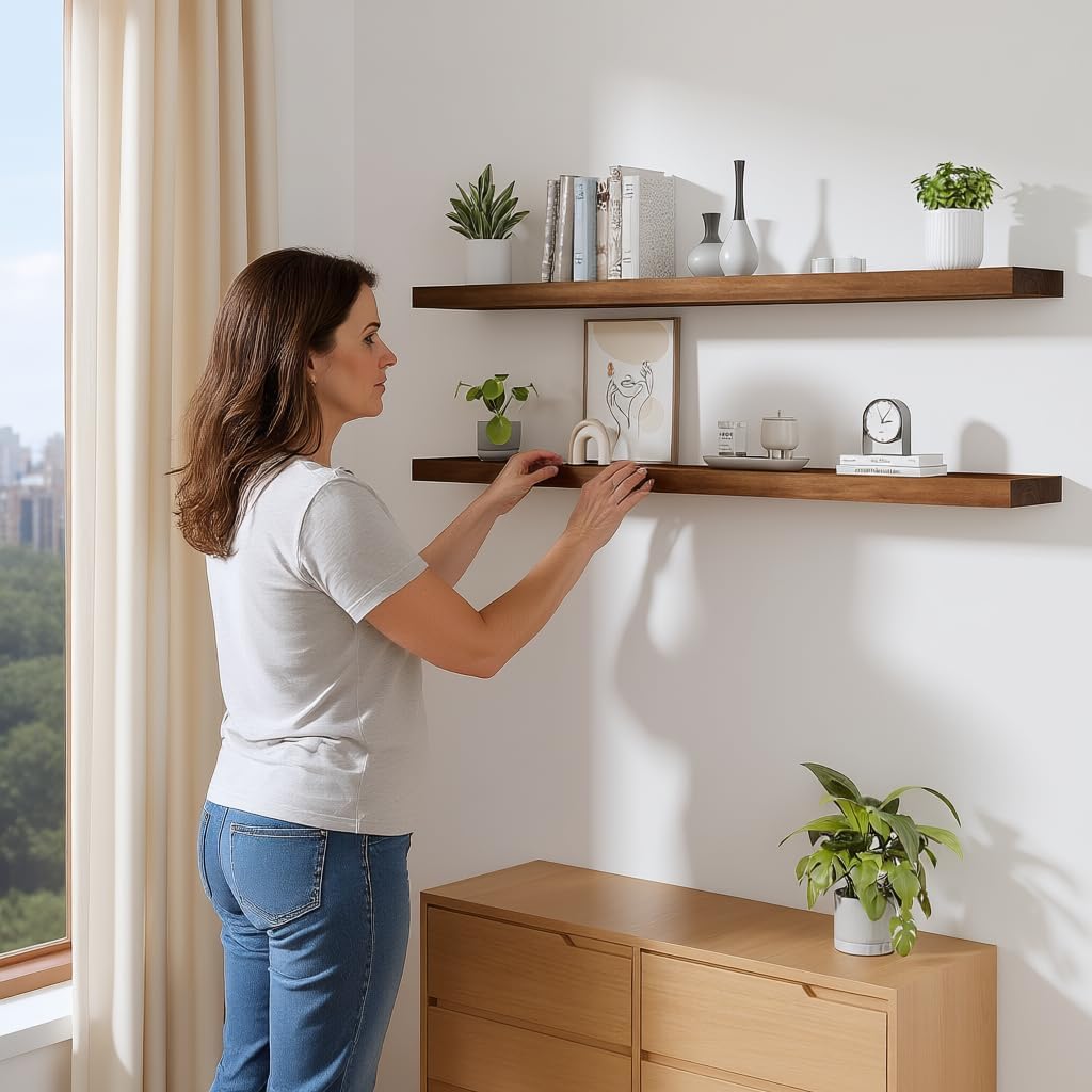 foxsky 48 Inch Long Walnut Floating Shelves for Wall, Solid Wood Shelf