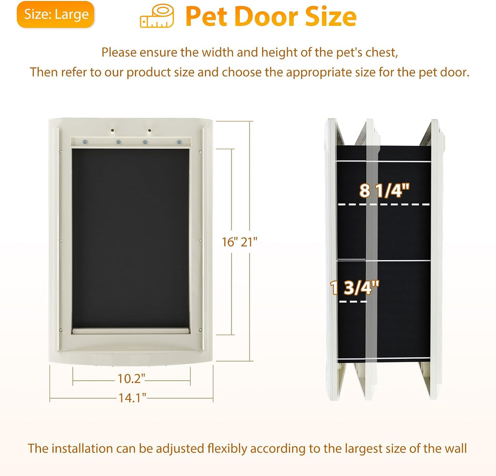 mestyl Dog Door for Wall, Pet Door, Doggie Door with Adjustable Tunnel, Double Magnetic Flaps and Sliding Lock Panels, 3-Flap Dog Door and Cat Door, Easy to Install, White, Large