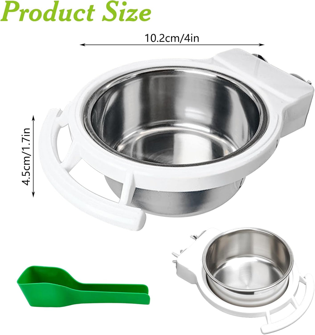 BNOSDM 2 PCS Bird Feeding Dish Cups Perch Stand Hanging Stainless Steel Bird Bowls Food Container Food and Water Bowls with Spoon for Budgie Cockatoo Finch Lovebirds Pigeons (White)