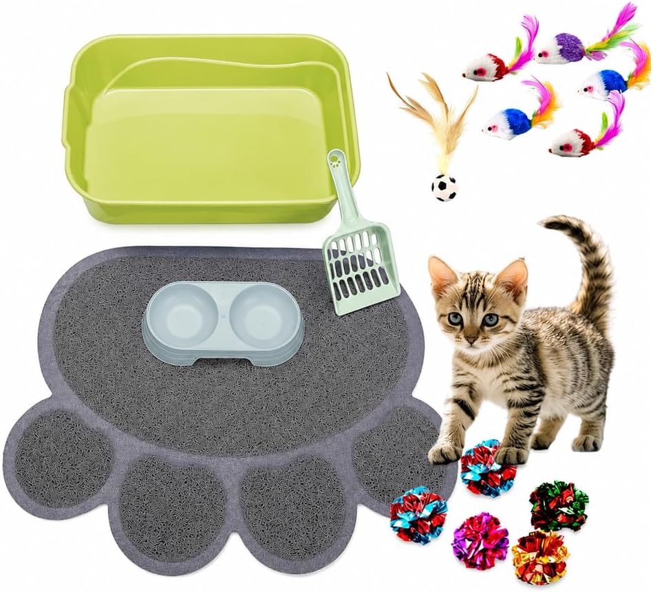 Kitten Litter Box Starter Kit with Mat, All-in-One Starter Kit for Kittens & Small Cats, Anti-Tracking Litter Mat, Easy Clean, Includes Scoop & Toys, Compact Size (GreyScoop)
