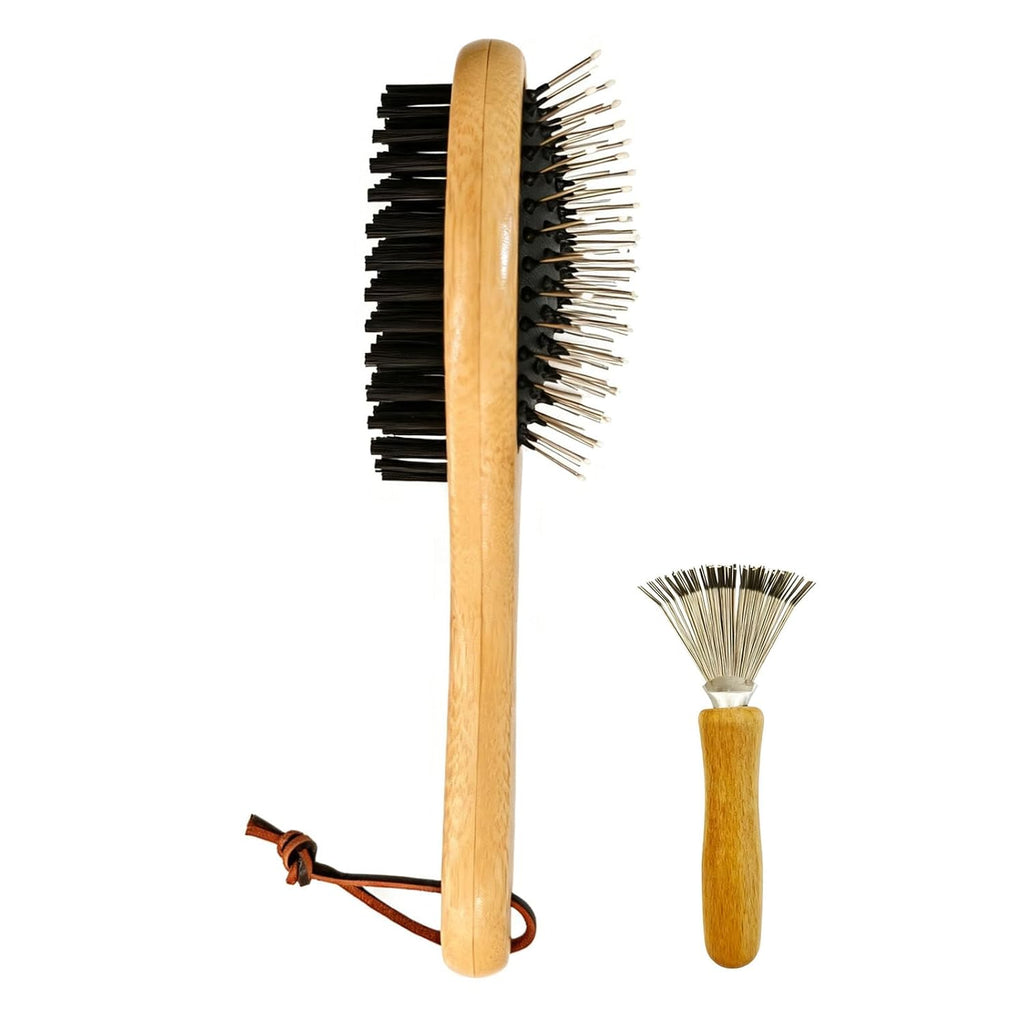 Double Sided Pet Slicker Brush with Bamboo Handle for Dogs and Cats, Grooming Comb for Shedding, Tangles, and Dead Undercoat