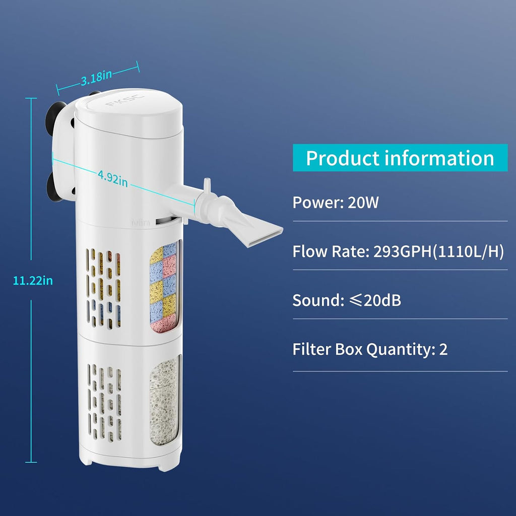 Internal Aquarium Filter for 60-120 Gal Fish Tank,293GPH Submersible Filter with Aeration, Rainfall Outlet&Wave Maker,Water Circulation,High Efficiency Filtration,Filter Media Purification