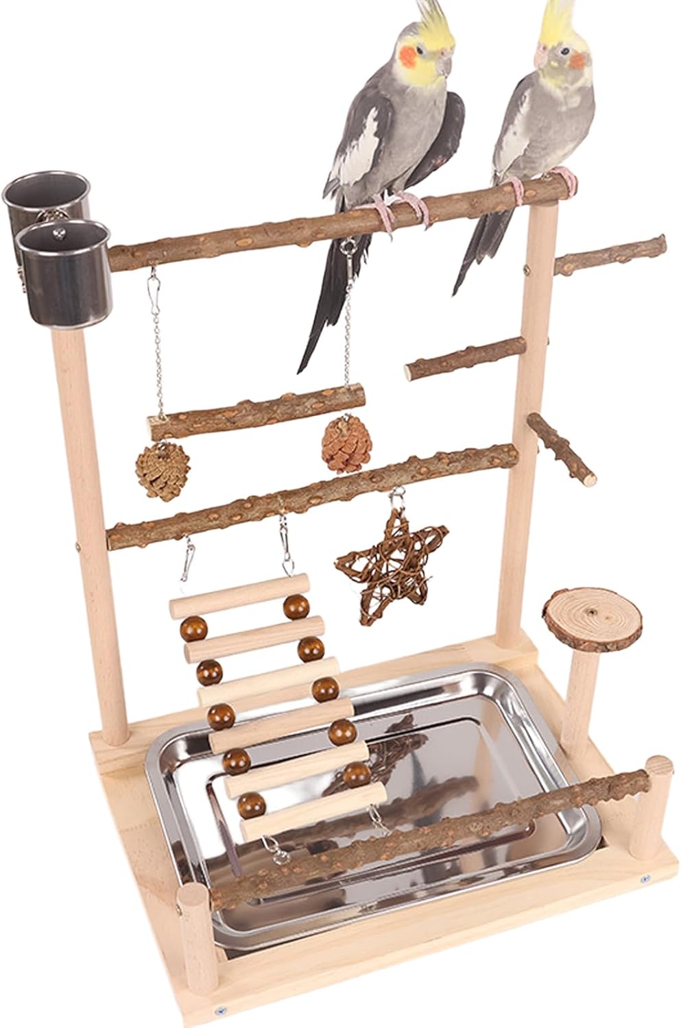Bird Playground Parrot Perch Play Stand, Natural Wood Parakeet Playstand Cockatiel Toys, Budgie Play Gym & Cage Accessories - Removable Stainless Steel Tray, 2 Feeder Cups, Ladders & Swings