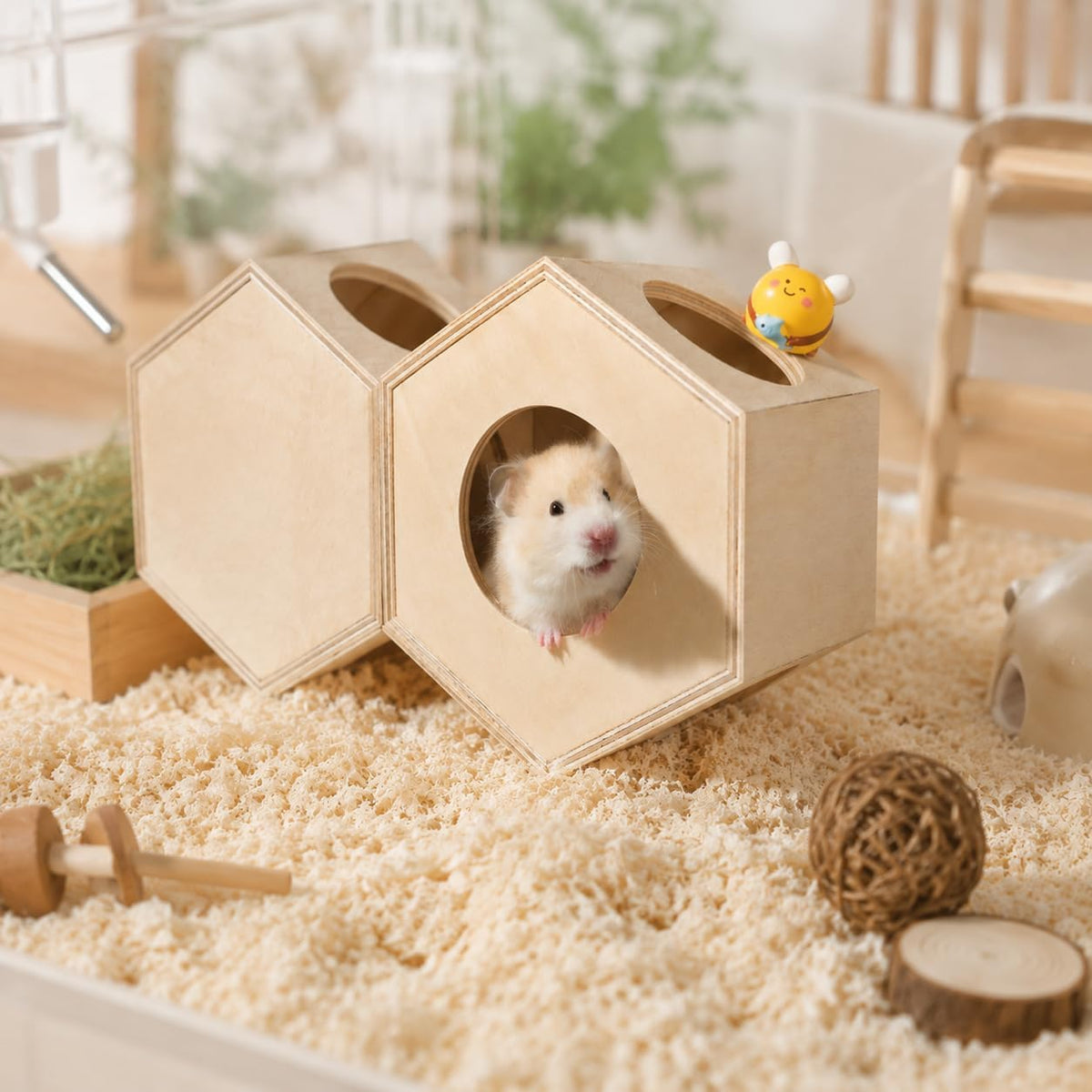 Hamster Hideout House, Stackable Wooden Shelter for Small Animals