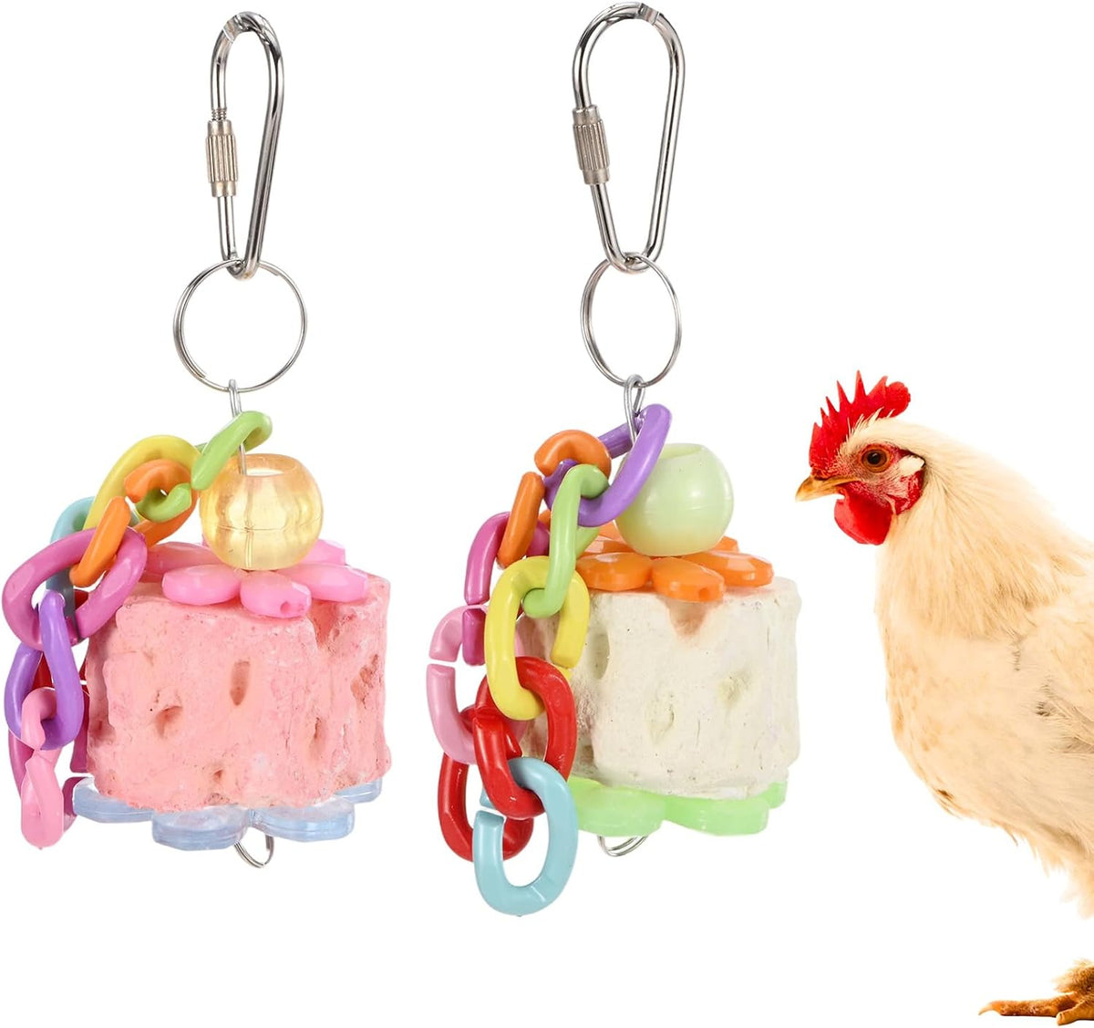 M METERXITY 2-Pack Chicken Chewing Toy, Calcium Block Beak Grinding Stone for Chick/Parrot/Rat Hamster/Bunny/Chinchilla, Cage Toys Coop Accessories [Pink/Purple]