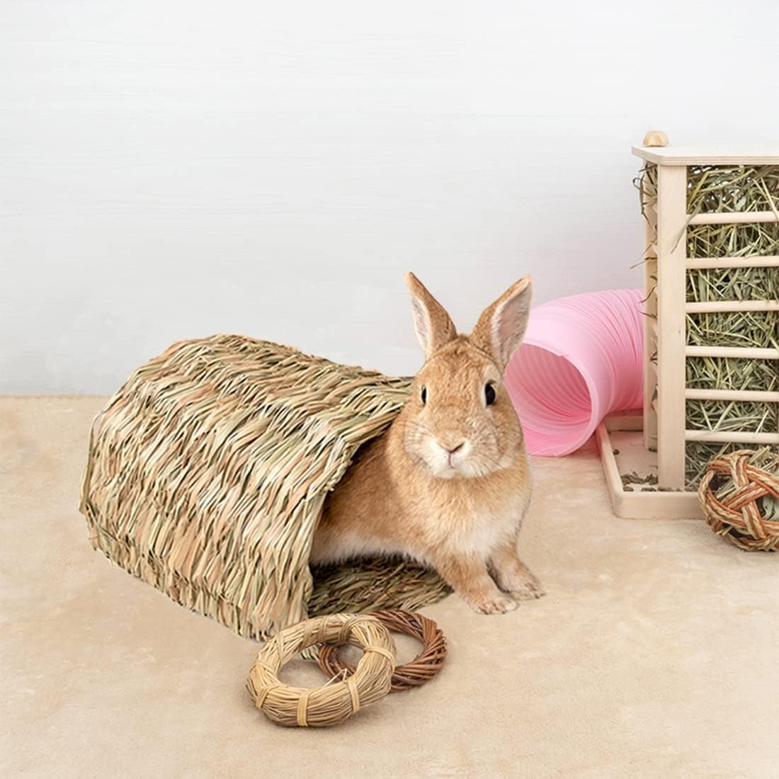 Hamiledyi Rabbit Grass Tunnel,Rabbit Grass Bed Natural Straw Woven Mat Winter Warm Hideaway Hut for Bunny Gerbil Ferrets Chinchilla Guinea Pig