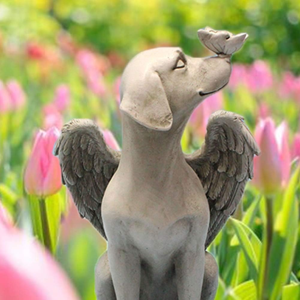 Angel Wing Dog Memorial Statue with Butterfly, Garden Sleeping Dog Ornament