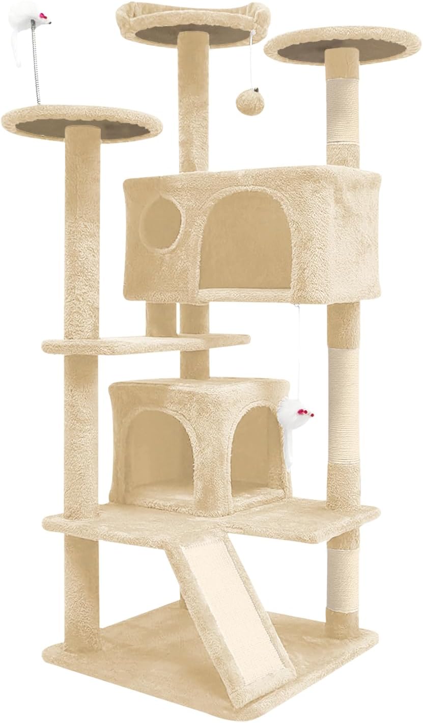 Aotaide 54in Cat Tree, Multi-Level Cat Tower,2 Cozy Caves, Scratching Posts, Climbing Ladder, Plush Balls, Durable Pet House Furniture for Indoor Kittens,Beige