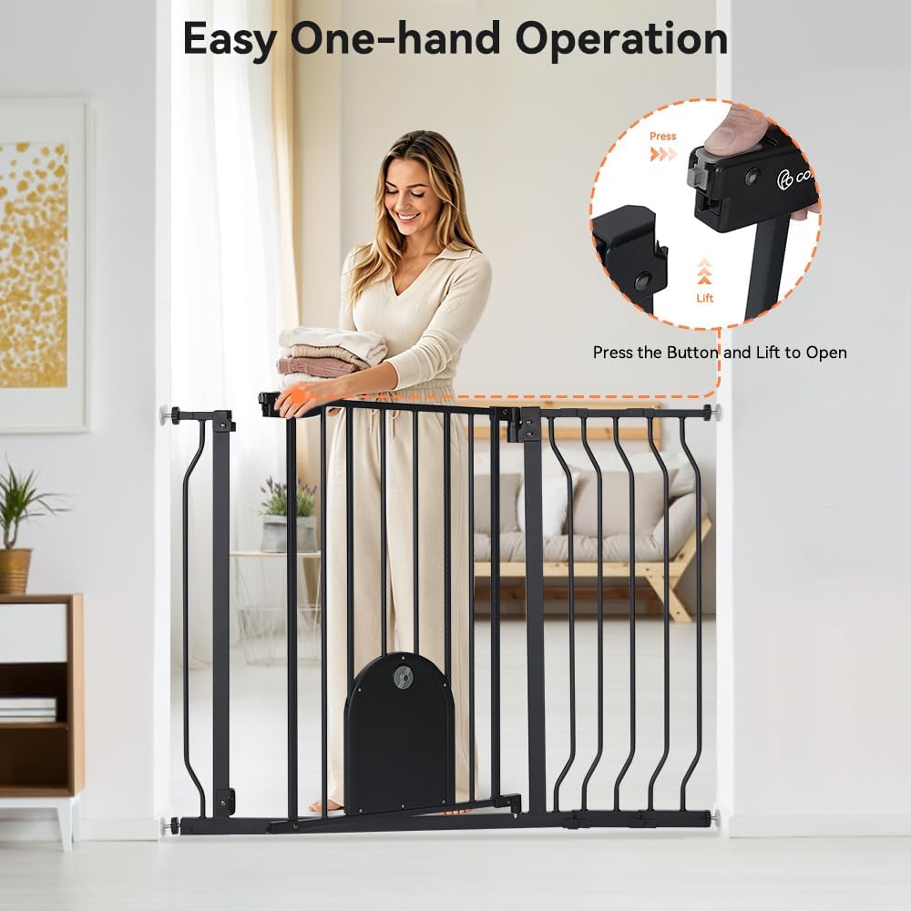 COMOMY 29.5-43.7" Pet Gate with Adjustable Cat Door for Stairs Doorways