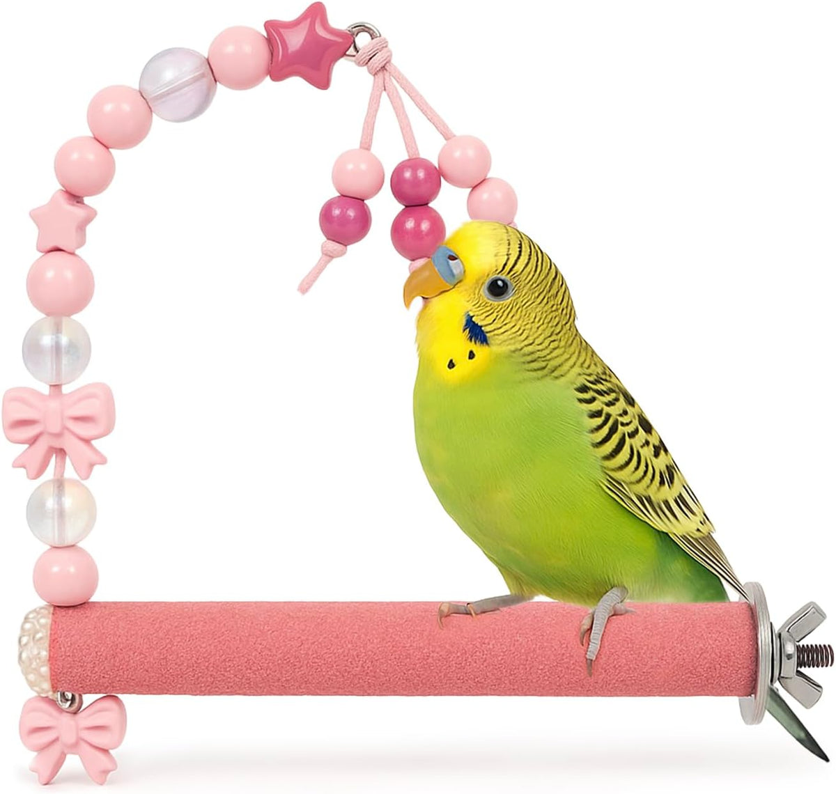 Bird Parrot Perch with Beads and Bow Chew Toy,Cage Platform Toy and Exercise Accessories for Budgies Parakeets Cockatiels Conures and Lovebirds (Blush Pink)