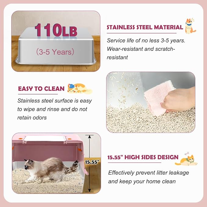 Vivifying Pink Stainless Steel Covered Cat Litter Box – Odor-Control, - Image 6