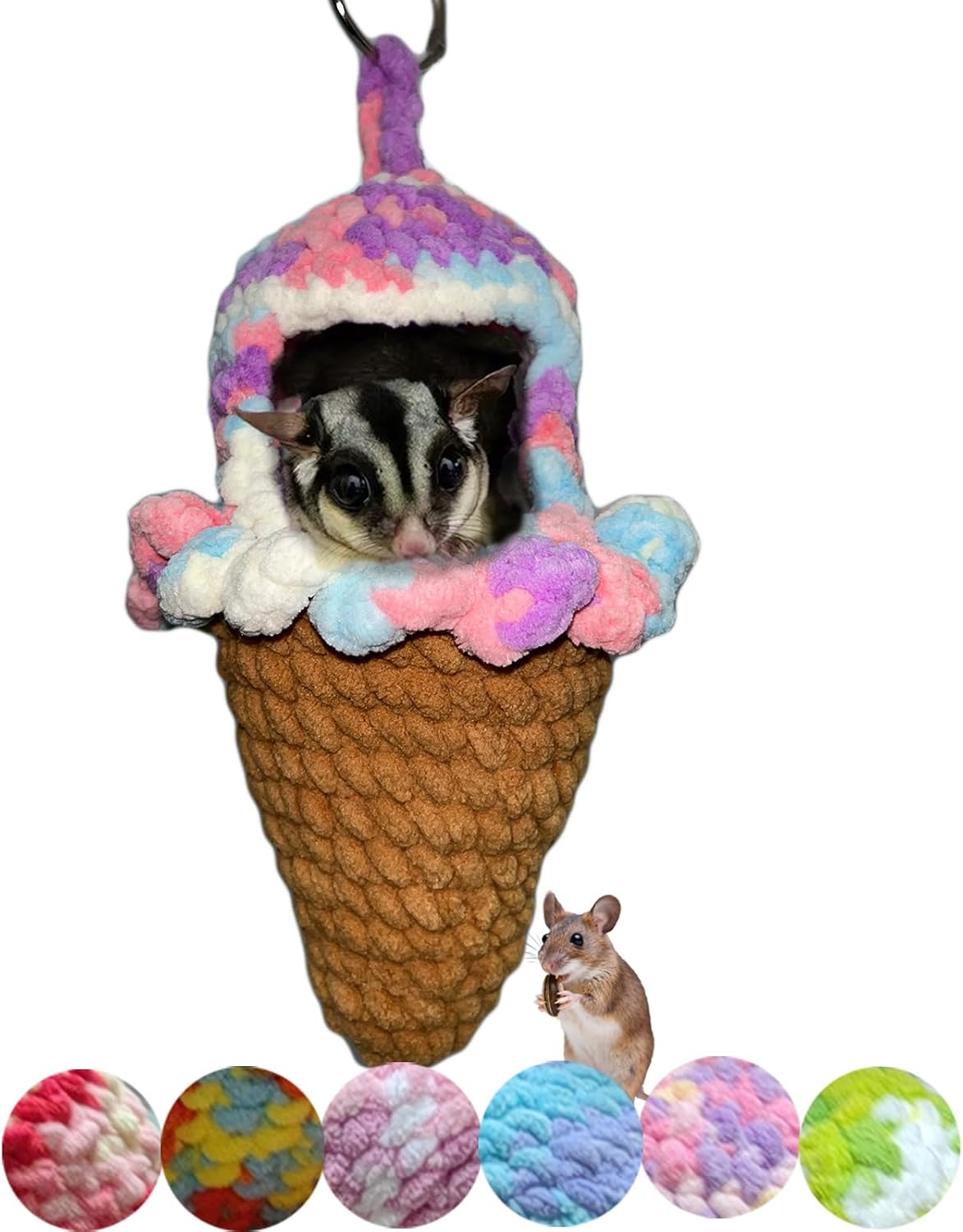 Ice-cream-shape Sugar Glider Bed, Hand-woven Hamster Hammock Gerbil Sleeping Bag Bedding Decoration Perfect Mouse Hideout Small Animal Cage Accessories Suitable for Bear Hedgehog, Color Random