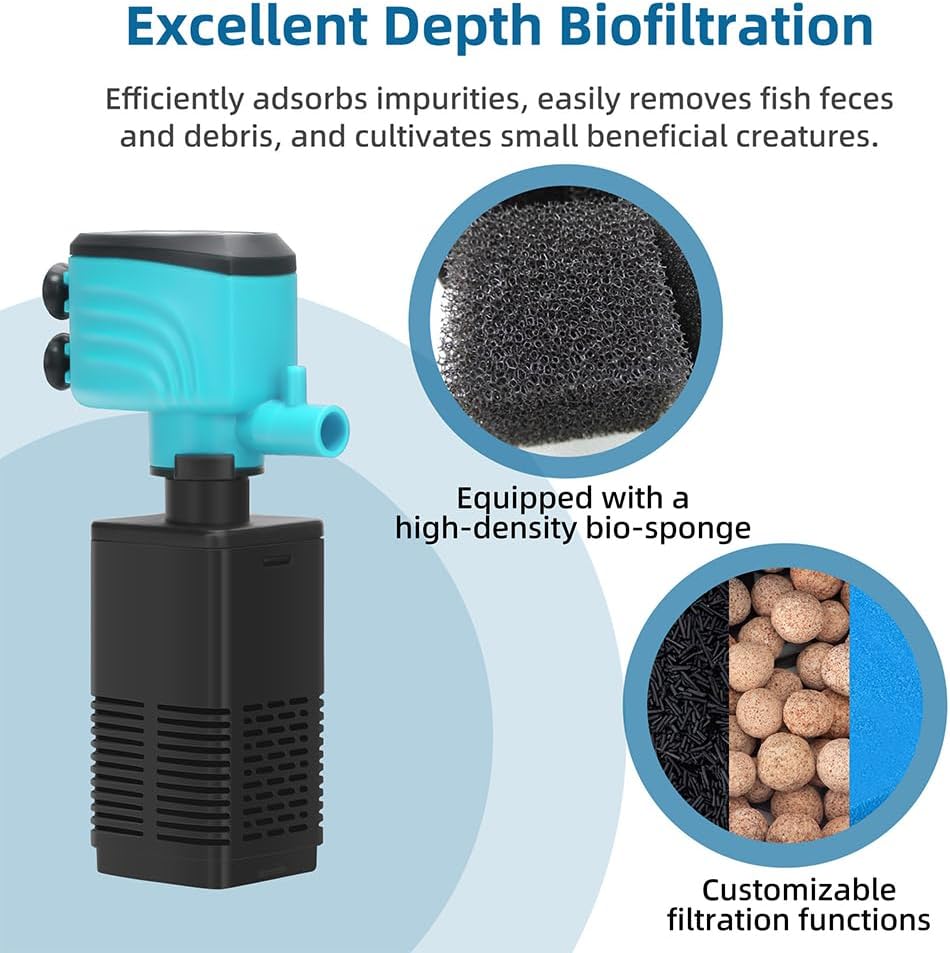 DaToo Aquarium Filter 35-75 Gallon Fish Tank Filter 400GPH Powerful Pump for Aquariums Adjustable Air Flow Submersible Internal Aquarium Filters for Pond Wavemaker Air Supply Freshwater and Saltwater