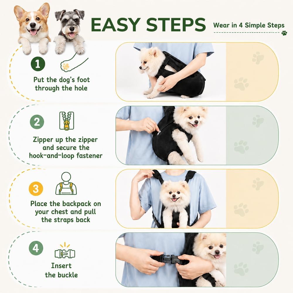 Inspack Dog Backpack Carrier/Cat Carrier, Adjustable Pet Front Carriers Travel Bag for Puppy Medium Dogs, Legs Out, Soft Ventilated Dog Chest Carry Backpacks for Hiking/Camping, 4-7 lbs, Black