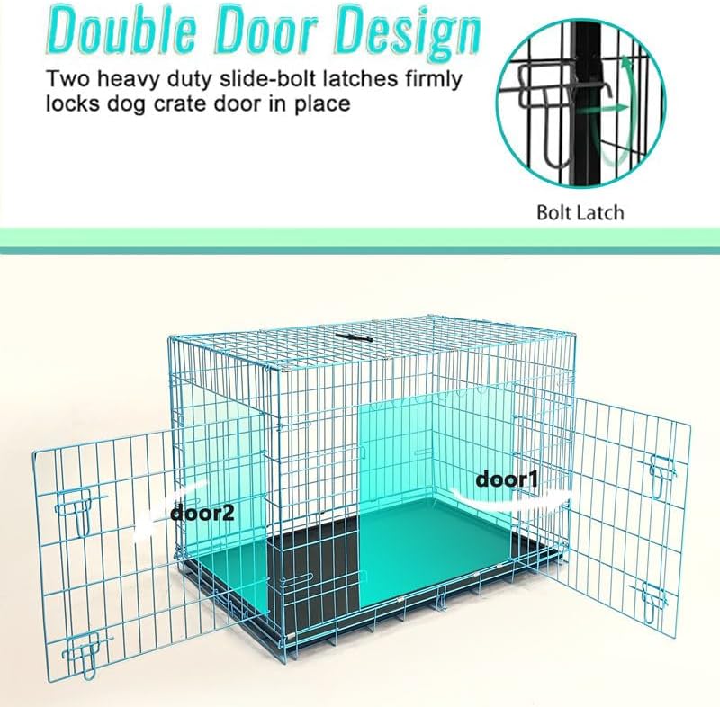 48-Inch Folding Metal Dog Crate for Medium, and Large Breeds – Double-Door Kennel with Divider, Removable Tray, and Carry Handle – Ideal for Indoor and Outdoor - Blue