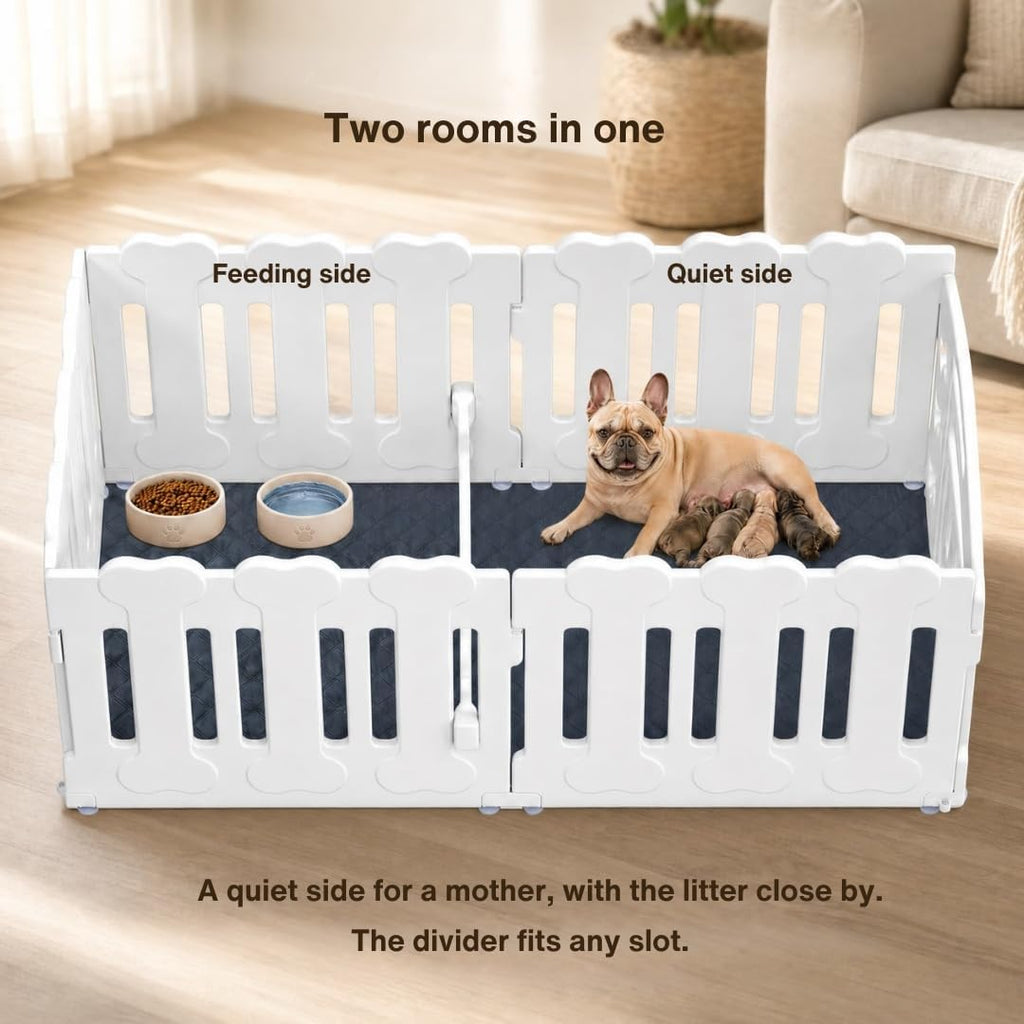 Dog Playpen with Divider & Washable Floor Pad, 6-Panel Indoor Puppy Playpen for Small Dogs & Puppies, 24" Tall Premium HDPE Panels, 60"x30"x24", Tool-Free Setup (White)