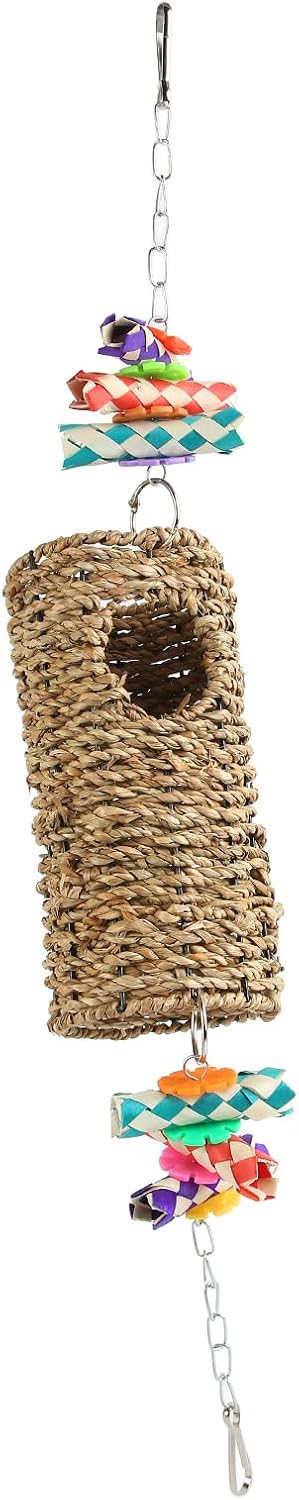 Grass Tunnel Toy Hanging Hideout for Birds and Small Animals with Seagrass Rope Bamboo Pieces and Colorful Tubes for Chewing Perching Sleeping