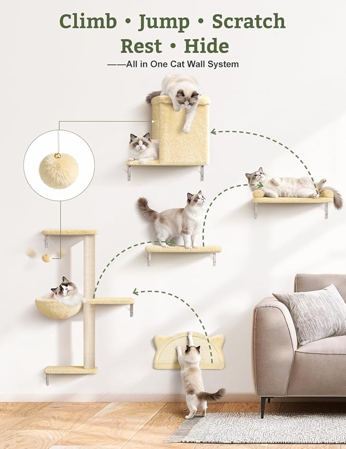 5-in-1 Cat Wall Shelves, Solid Wood & Velvet & Sisal Scratcher, 44lbs Max Load - Image 2
