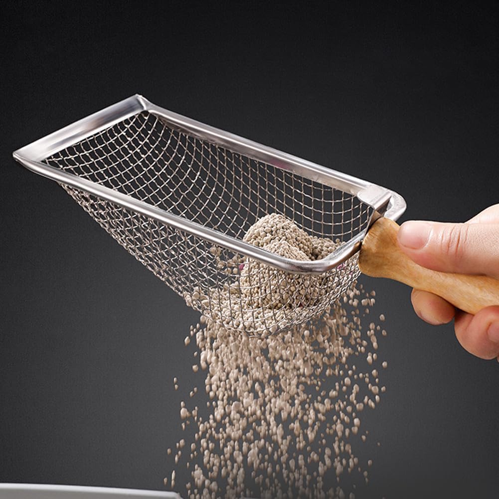 Cat Litter Scoop, Long Handle Scooper Beach Mesh Shovel,Practical Beach Deep Shovel, Stainless Steel Mesh Scooper,Heavy Duty Litter Scooper, Kitten Poop Sifting Cleaning Scoop(COLOR:Wood Handle)