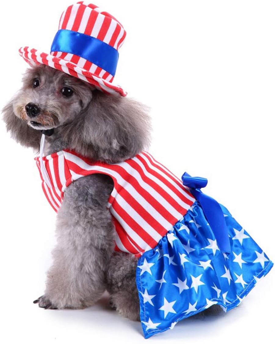 GabeFish Dog 4th of July Dress, Uncle Sam Costume for Pets, Cats Independence Day Clothes Apparel Girl Small