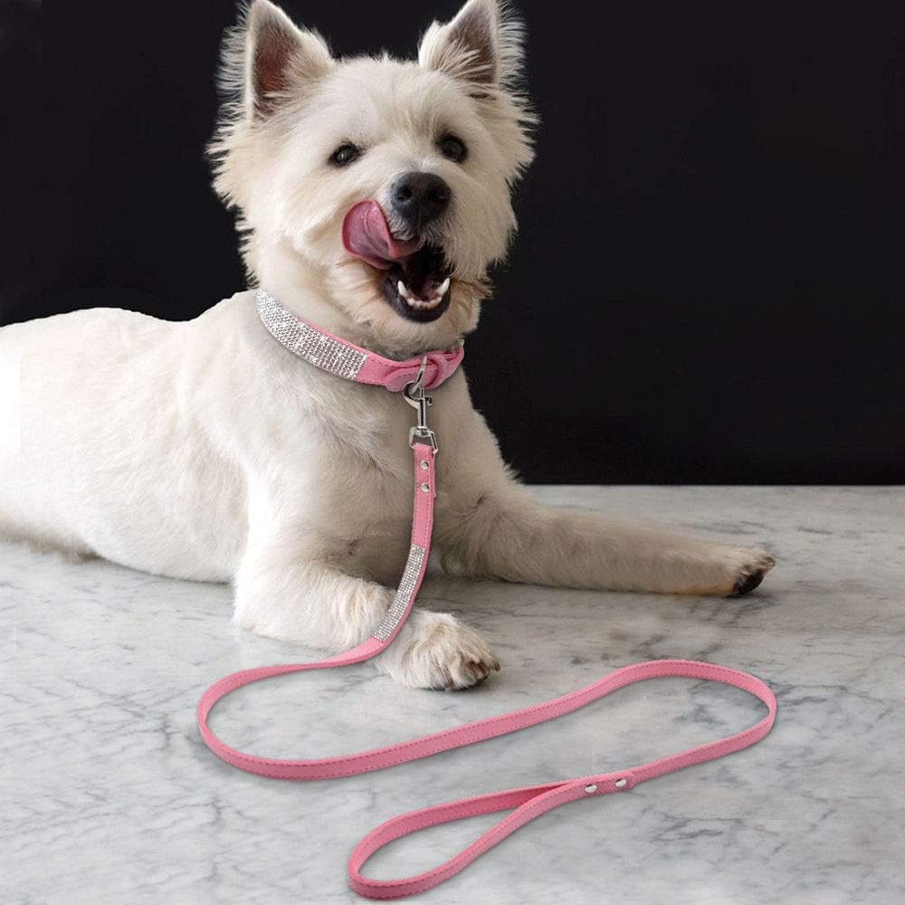 Cute Dazzling Sparkling Elegant Fancy Soft Suede Leather Bling Rhinestone Crystal Jeweled Pet Cat Dog Puppy Collar Dog Leash Combo Set (XXS(Neck 6-8"), Pink)