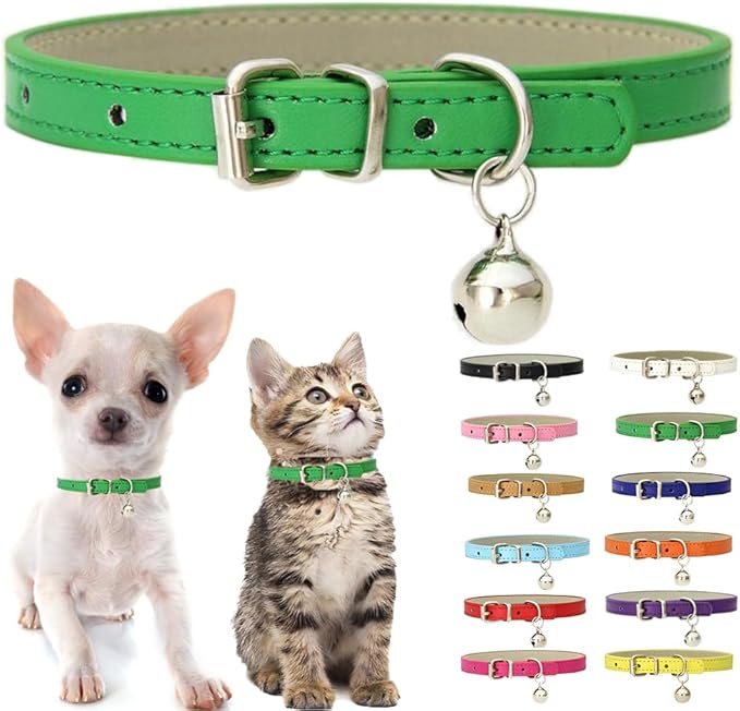 Green XS Dog Collar with Bell, Soft Pu Leather Cat Collars Adjustable Buckle by Weimostar