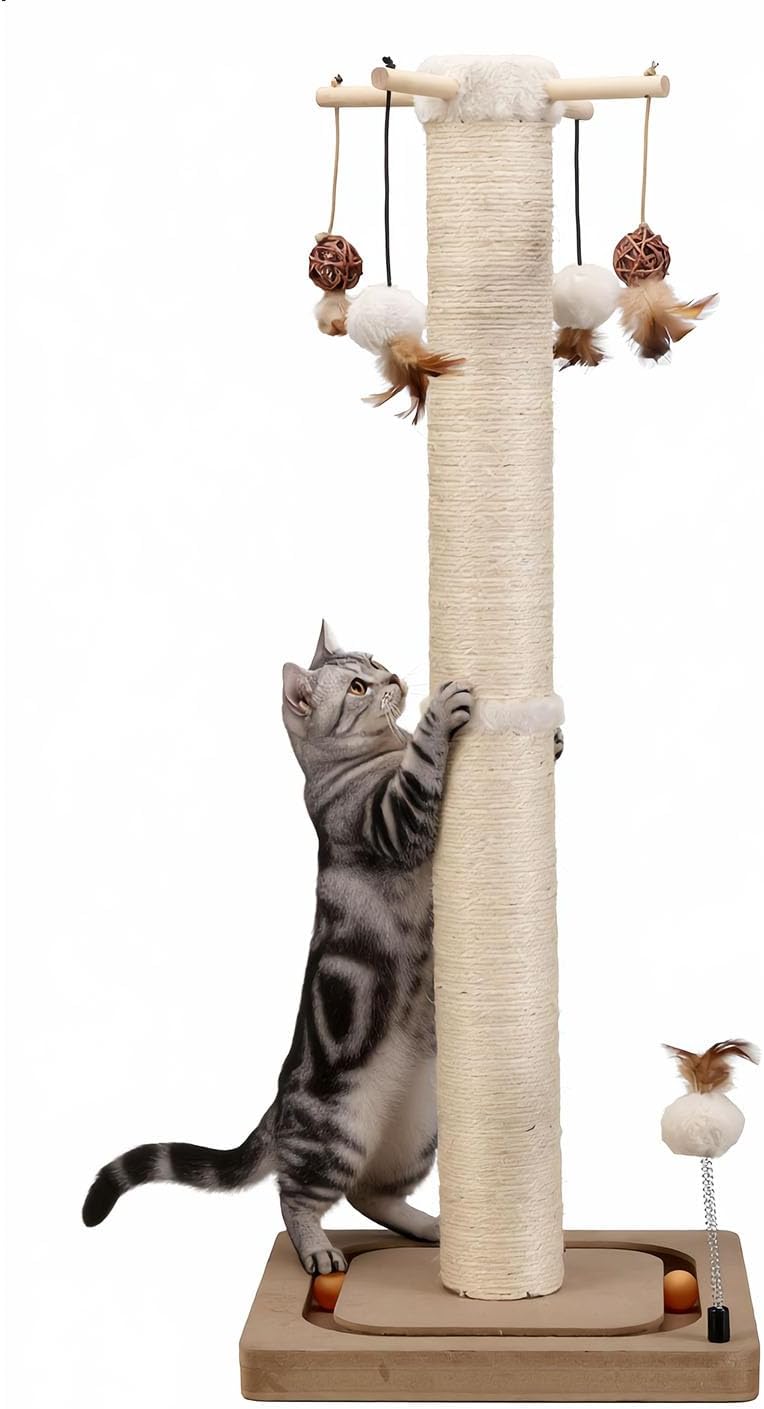 PEEKAB Cat Scratching Post Sisal Scratch Posts for Indoor Cats and Kittens,with Tracking Ball Interactive Toys and Hanging Balls 25 Inches Beige