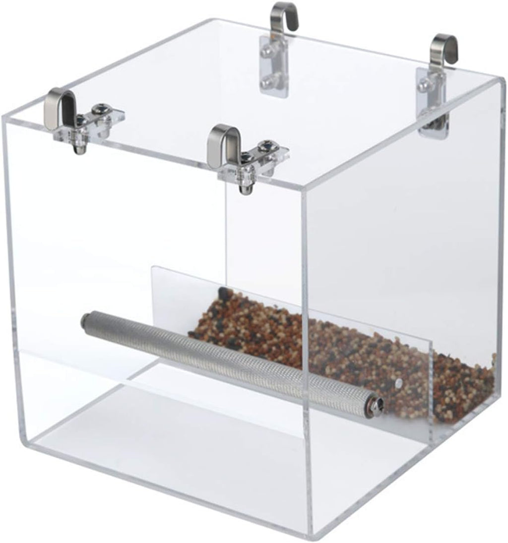 Automatic Bird Feeder No Mess Bird Cage Pet Feeder Seed Food Container for Parakeet Canary Cockatiel Parrot Finch Canary Acrylic (5.1 x 5.1 x 4.3 inch)