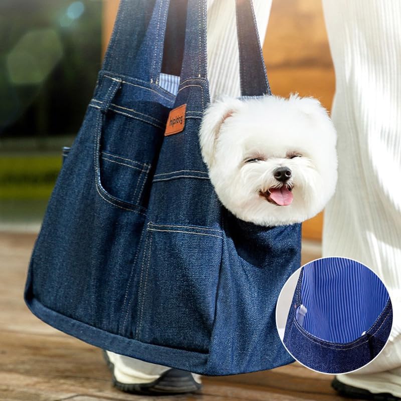 Denim Pet Sling Bag – Portable & Lightweight Shoulder Carrier for Small Dogs & Cats, Foldable Design with Hard Bottom Support, Anti-Escape Snap Hook Inside, Fashionable Travel Bag (Medium)
