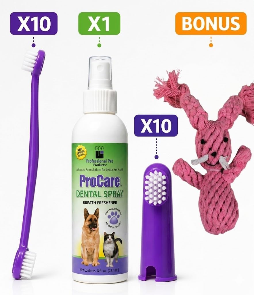 DORCYA Golden Retriever Dental Care Kit for Large Breeds 10 Dog Toothbrushes 10 Dog Finger Brushes 1 Breath Freshener Spray 1 Bonus Toy