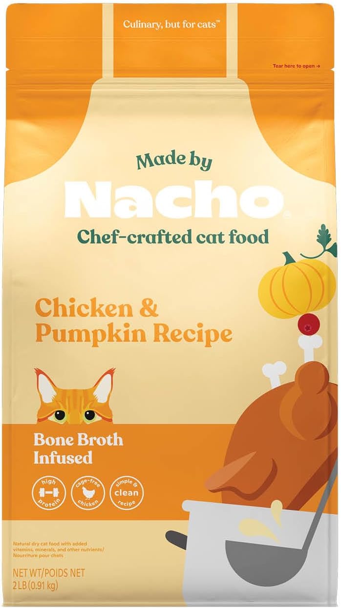 Made by Nacho Dry Cat Kibble 2lb Bag, High Protein and Grain-Friendly Premium Cat Food, Cage-Free Chicken & Pumpkin Recipe, Infused with Bone Broth for Hydration, Limited Ingredients, Single Bag