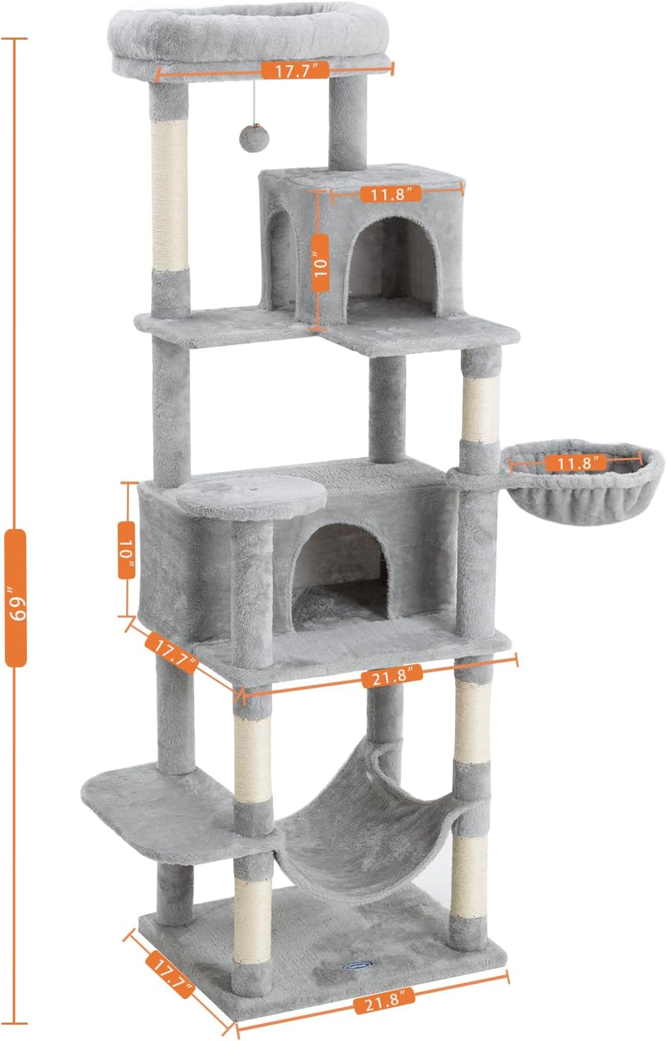 Multi-Level Cat Tree,69 Inches Tall Cat Tower with 2 Plush Condos,Hammock and Plush Perch, Scratching Posts and Pompoms,Gray Cat House for Indoor Cats