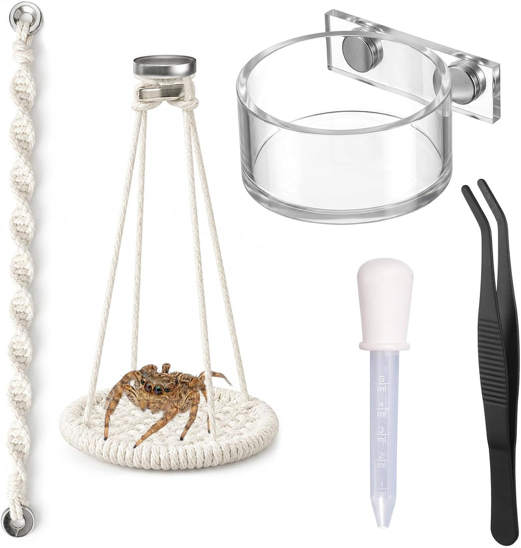 Jumping Spider Accessories Set, 5PCS Magnetic Cotton Rope Swing Hammock with Acrylic Feeding Water Dish, Tweezers and Dropper, Terrarium Habitat Decor for Spiders Tarantula Mantis