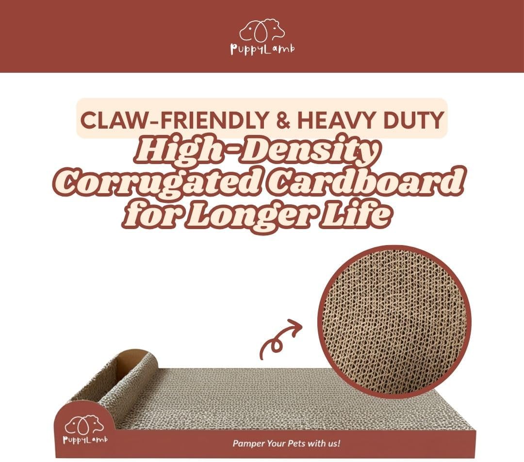 PuppyLamb 2-in-1 Cat Scratcher Board with Interactive Rolling Bell Ball - Durable Corrugated Cardboard Scratching Pad, Heavy Duty Furniture Protector & Stress Relief Toy (16.5")