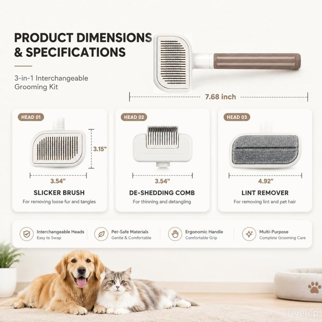3 in 1 Self-Cleaning Pet Grooming Brush Set for Dogs & Cats