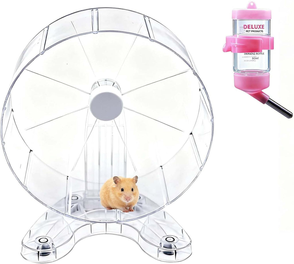 8.7" Hamster Exercise Wheel with Drinking Bottle, Hamster Exercise Wheel for Gerbils, Syrian & Dwarf Hamsters, Chinchillas, Hamster Running Wheel Noiseless Spinning Design for Other Small Pets, Clear