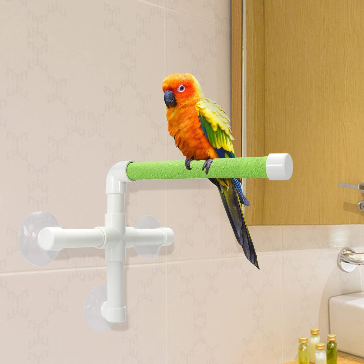 Bird Portable Suction Cup Shower Perch Window Wall Standing Platform for Parrot Parakeet Conure Cockatiel African Grey (Random Color)