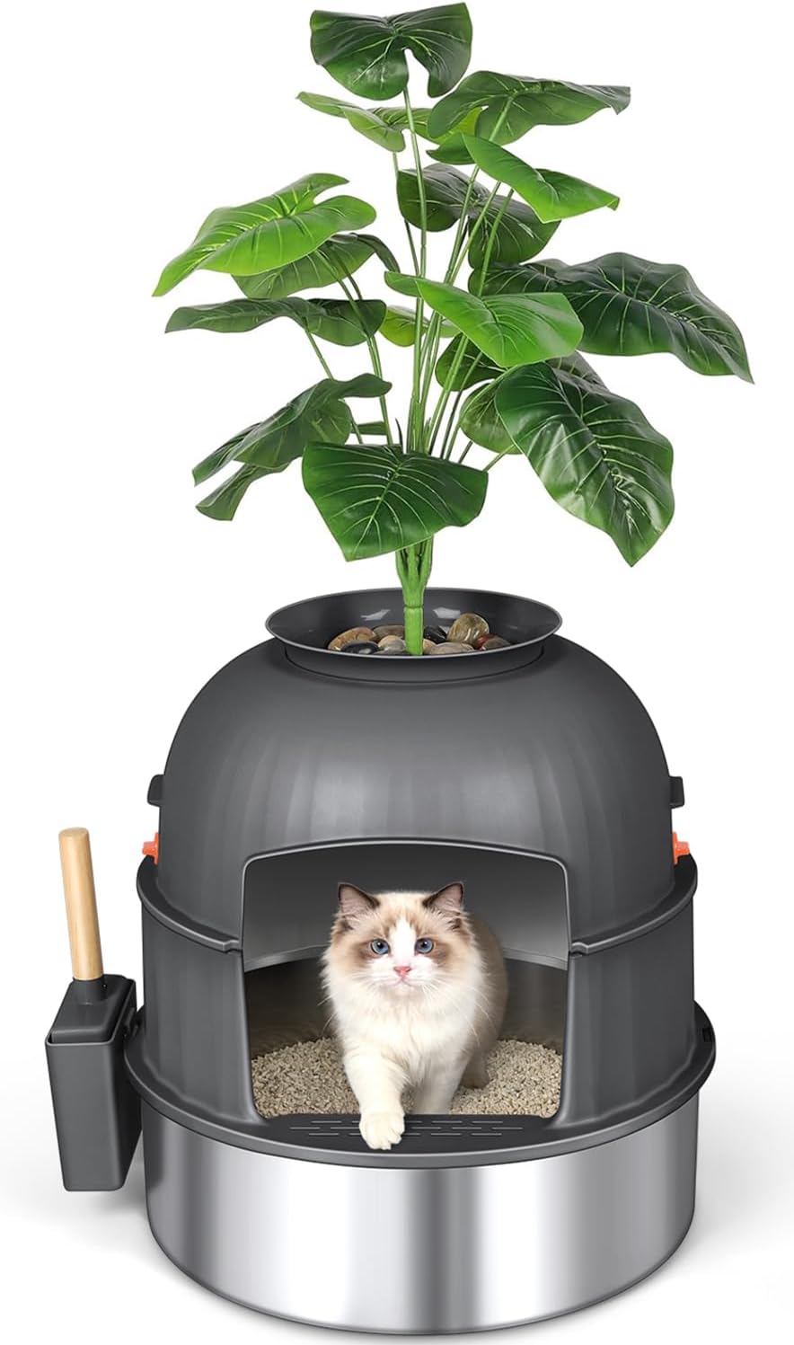 Three-Section Hidden Cat Litter Box, Stainless Steel Litter Box, Cat Litter Box Hidden with Faux Plant & Scoop, Vented Filter for Odor Control, Hidden Litter Box Furniture, Home Decor (Grey)