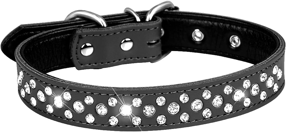 Serijoars Rhinestone Dog Collar for Small Medium Large Dogs, Adjustable Sparkly Crystal Soft Genuine Leather Bling Dog Collars (M, Purple)
