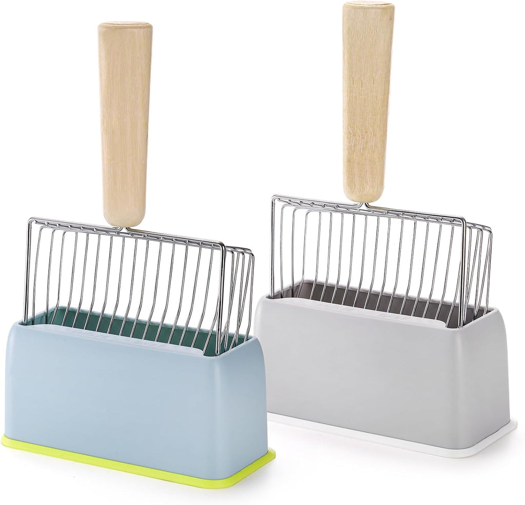 Hiceeden 2 Pack Fast Sifting Cat Litter Scoop with Stand, Metal Kitty Litter Scoop Holder with Wooden Handle, Easy Clean Cat Poop Scooper for Kitten Litter Box, Gray and Blue