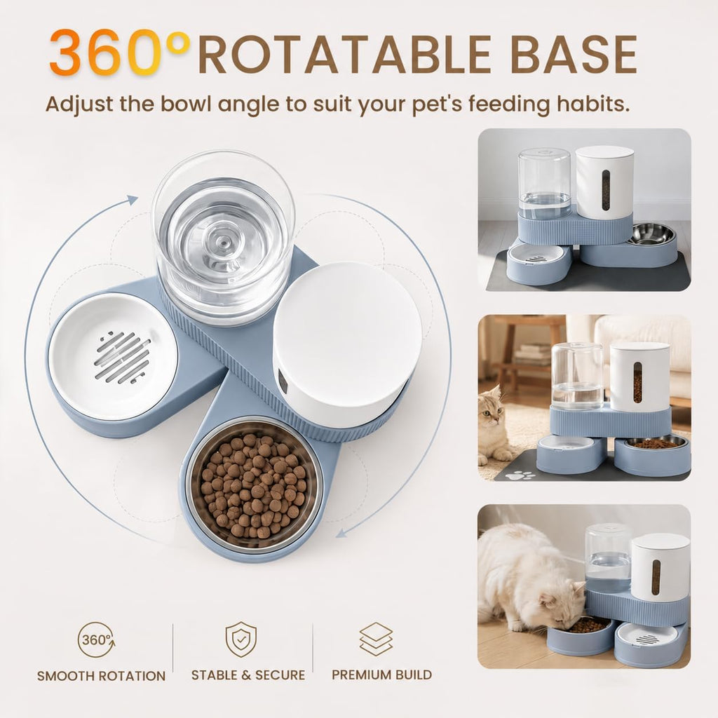 Gravity Cat Feeder 2 Pack Automatic Food Feeder Stainless Steel Water Dispenser Set 360 Degree Rotatable Pet Bowls with Silicone Mat for Cats Small Medium Dogs, Large Capacity(Blue)