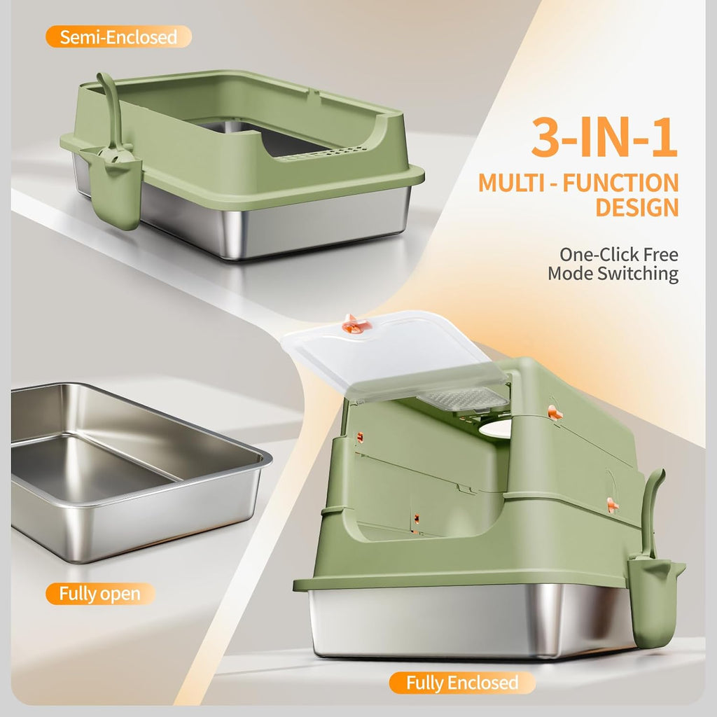 Stainless Steel Cat Litter Box with Lid, XL Large Enclosed, Green