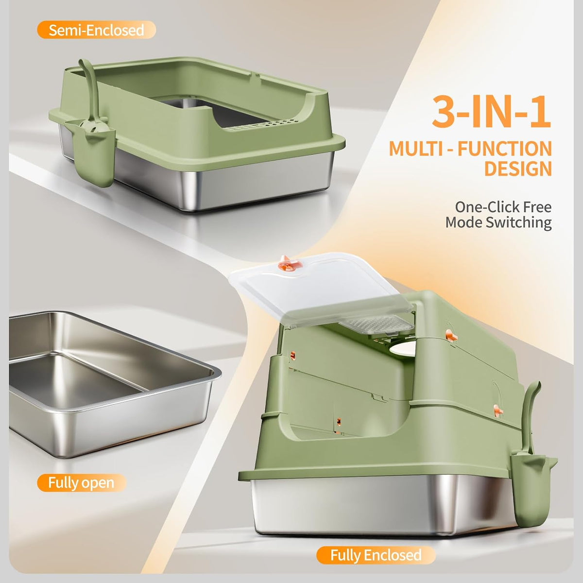 Stainless Steel Cat Litter Box with Lid, XL Large Enclosed, Green